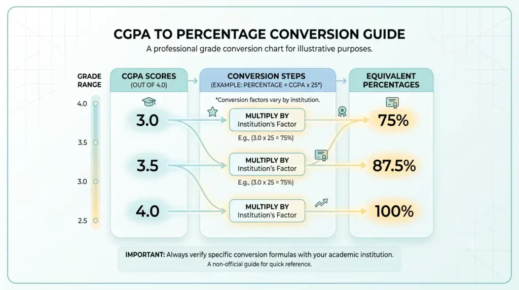 Conversion chart comparing CGPA out of 4 to percentage marks for Pakistani university grading scales