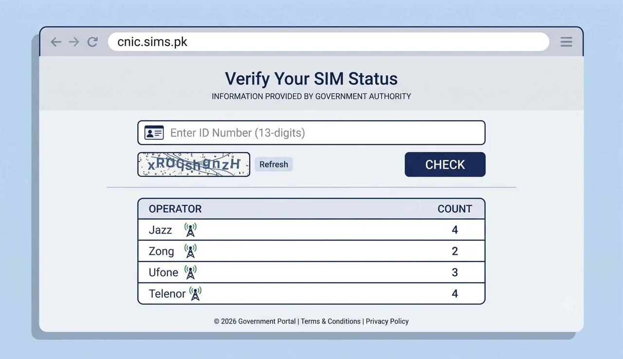 Check SIMs on CNIC online through PTA portal showing count per network