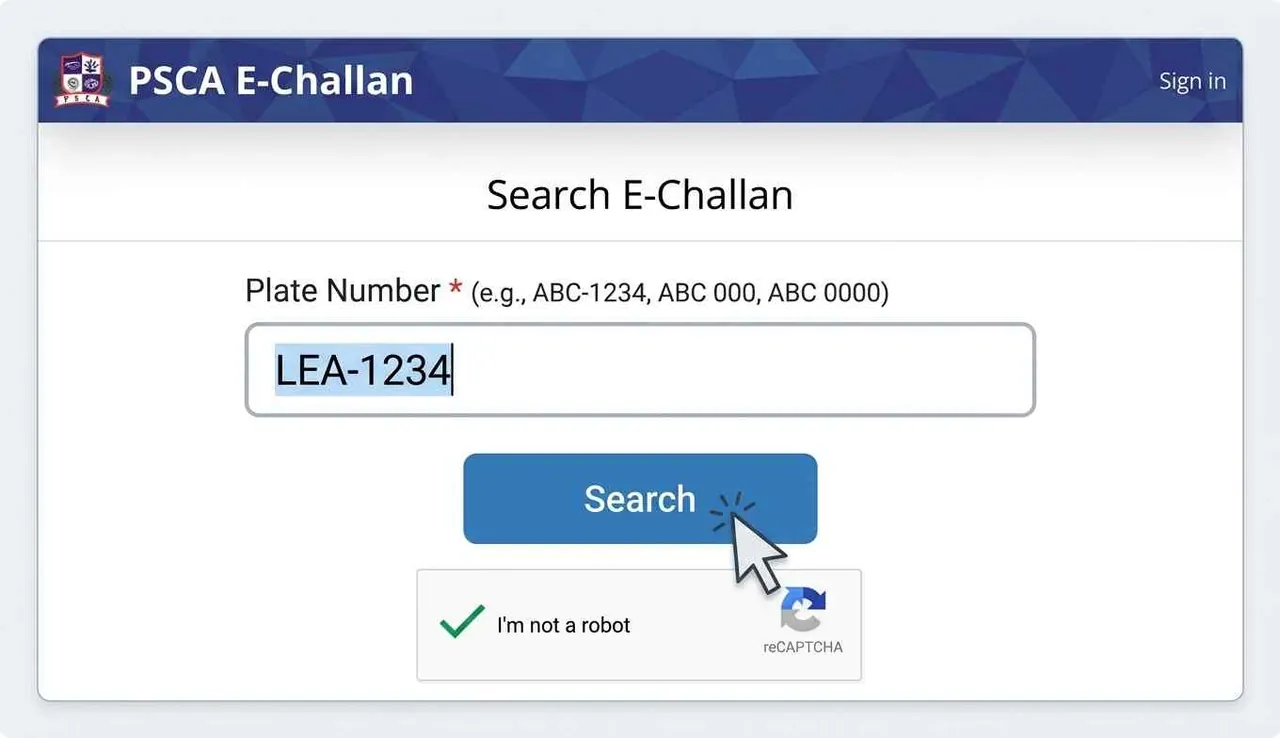 Entering vehicle registration number LHR 2463 on PSCA e challan portal