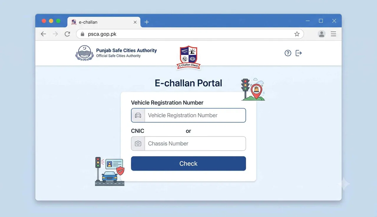 PSCA e challan Punjab website with vehicle number and CNIC input fields