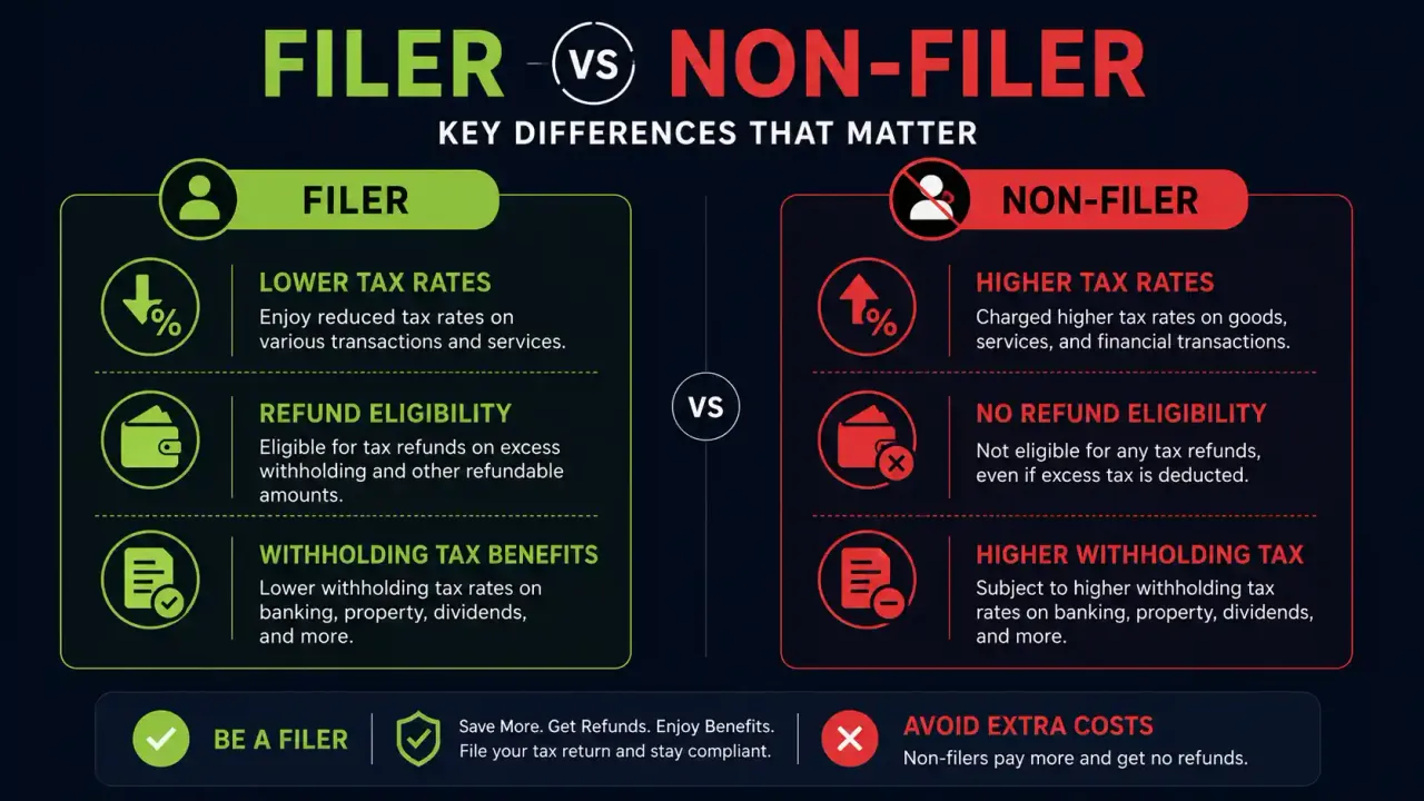 Filer vs non-filer tax comparison in Pakistan showing rate differences and benefits