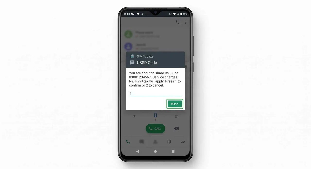 Jazz balance share confirmation message — press 1 to confirm