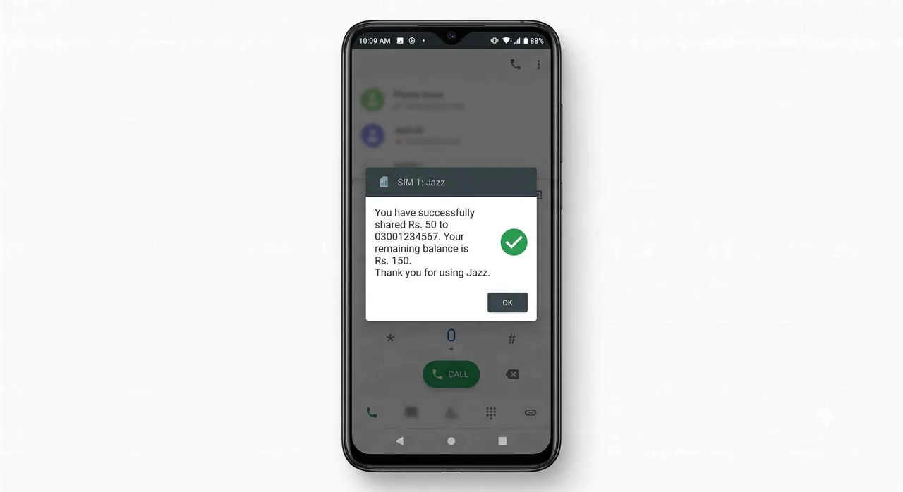 Jazz balance share success confirmation message