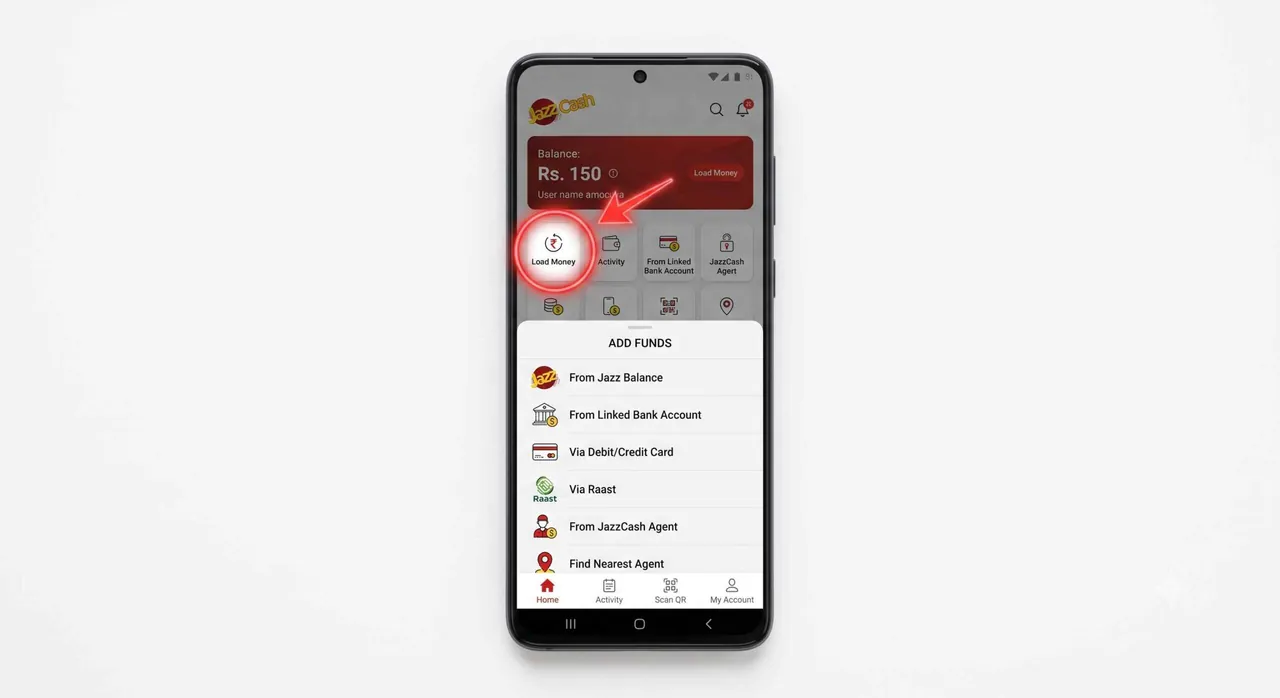 JazzCash app Load Money from Jazz Balance option
